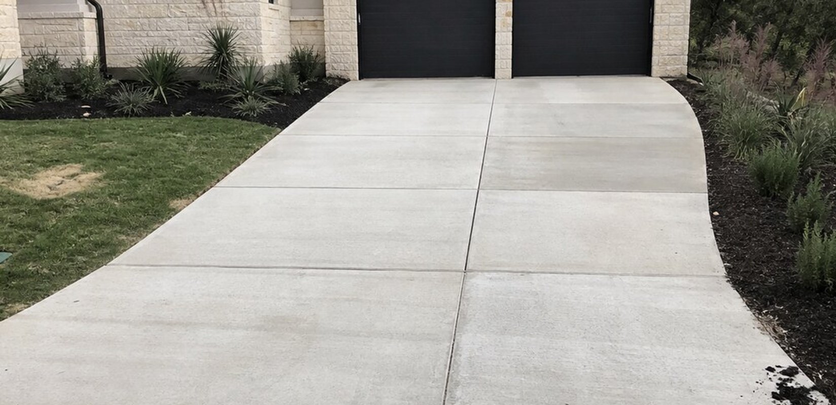 Broom-finish concrete driveway with saw-cut control joints leading to a two-car garage with dark doors on a limestone home with a metal roof.