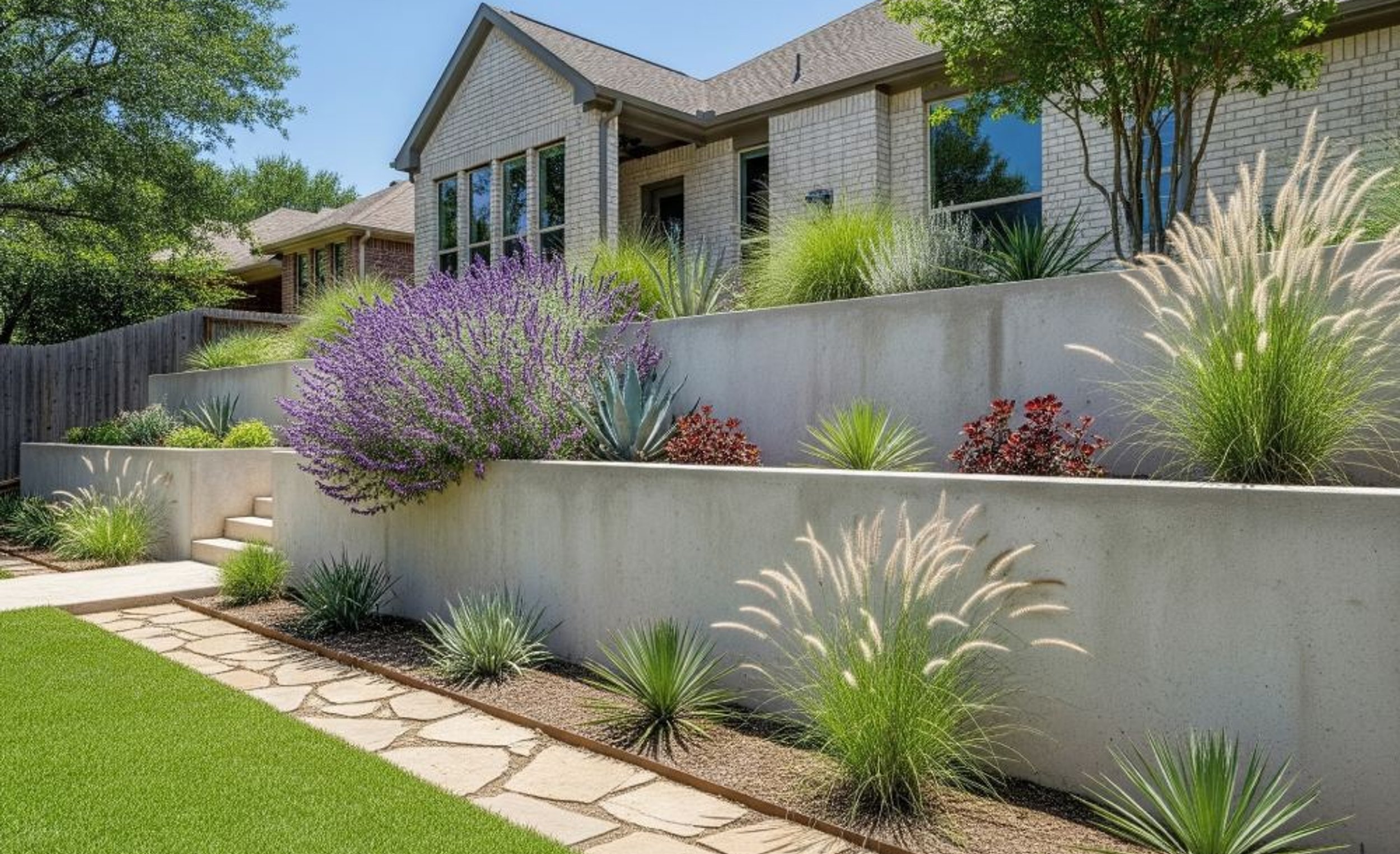 Concrete retaining wall on an Austin hillside