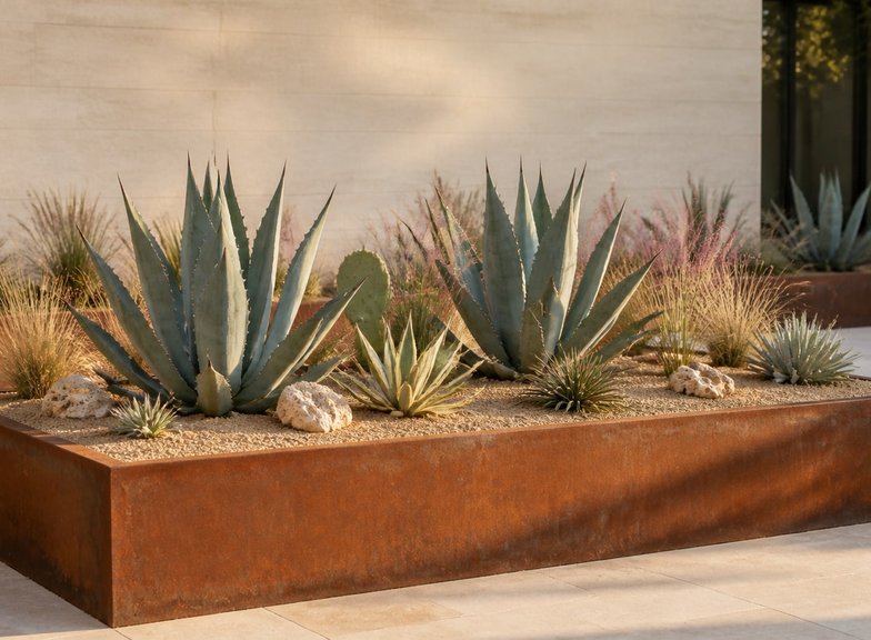 Corten steel planter box with agaves and native grasses in an Austin backyard