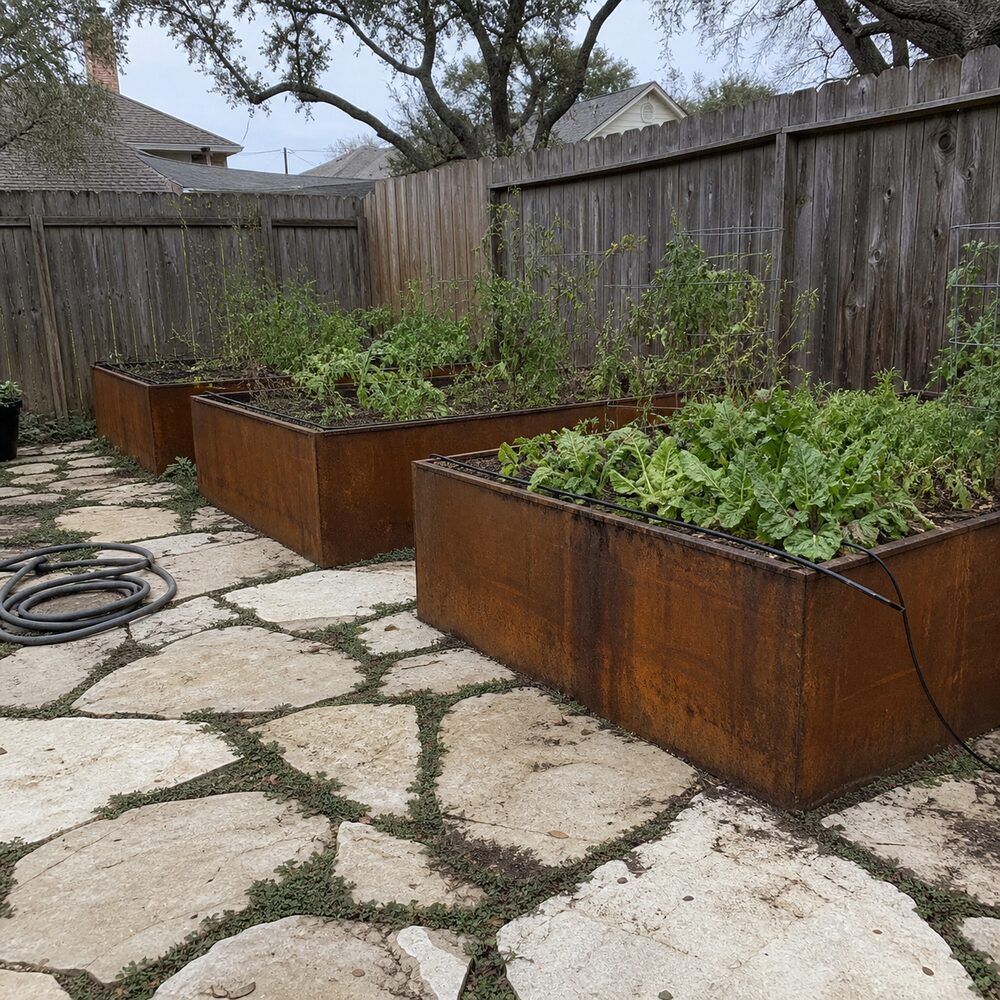 Corten steel raised vegetable beds with drip irrigation in an Austin, TX backyard