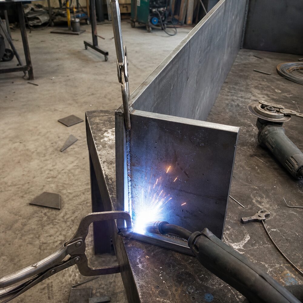 Welding a steel planter box seam in the 512 Luxury Landscaping fabrication shop