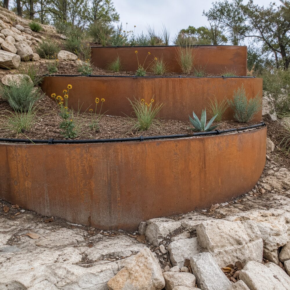 Tiered Corten steel planters stepping down a Hill Country slope near Austin, TX