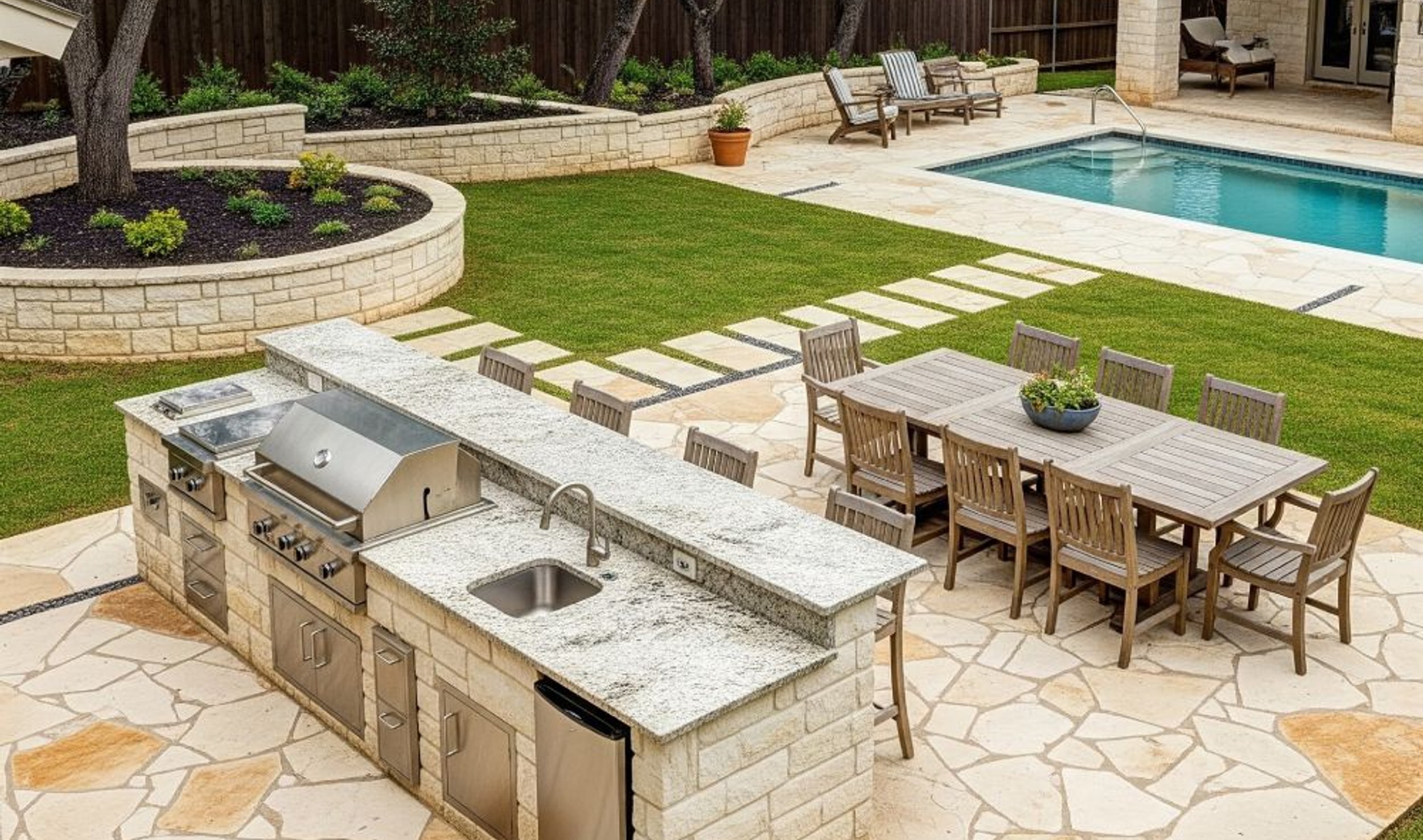 stone seating wall around an Austin patio