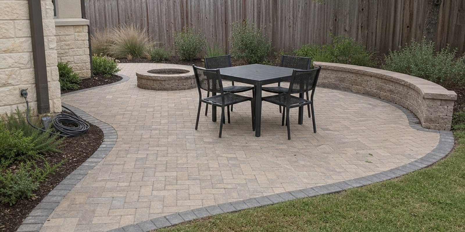 Tan herringbone paver patio with a charcoal border, a round fire pit, and a curved seating wall beside a stone home, with a dining table and shade trees behind a wood fence.