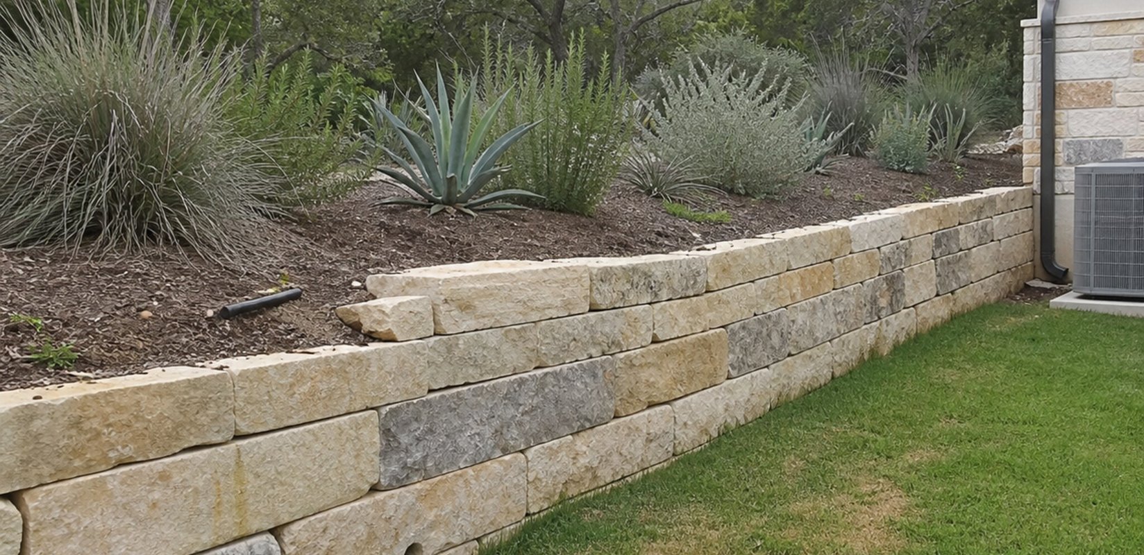 Cut limestone block retaining wall holding a raised bed of agave, ornamental grasses, and silver-leaf shrubs, with live oaks behind it and a lawn in front, beside a stone and stucco home.