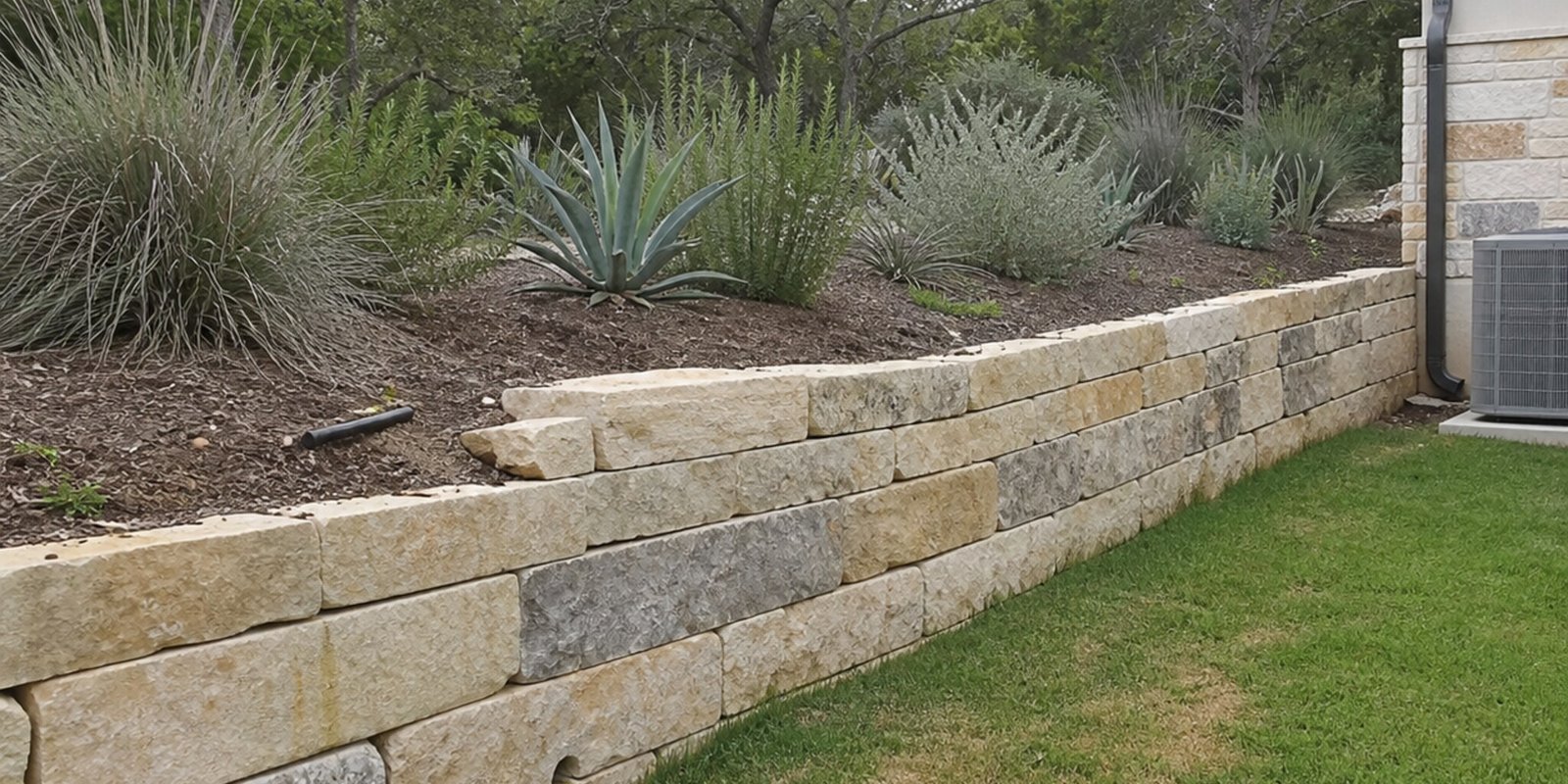 Cut limestone block retaining wall holding a raised bed of agave, ornamental grasses, and silver-leaf shrubs, with live oaks behind it and a lawn in front, beside a stone and stucco home.