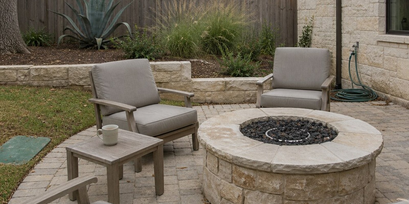 Round limestone gas fire pit with a burner ring in dark lava rock on a tan paver patio, with cushioned chairs and a low limestone wall beside a limestone home.