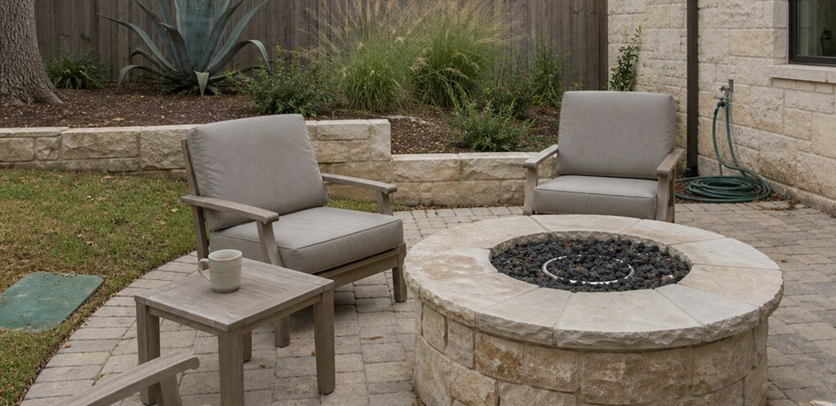 Round limestone gas fire pit with a burner ring in dark lava rock on a tan paver patio, with cushioned chairs and a low limestone wall beside a limestone home.