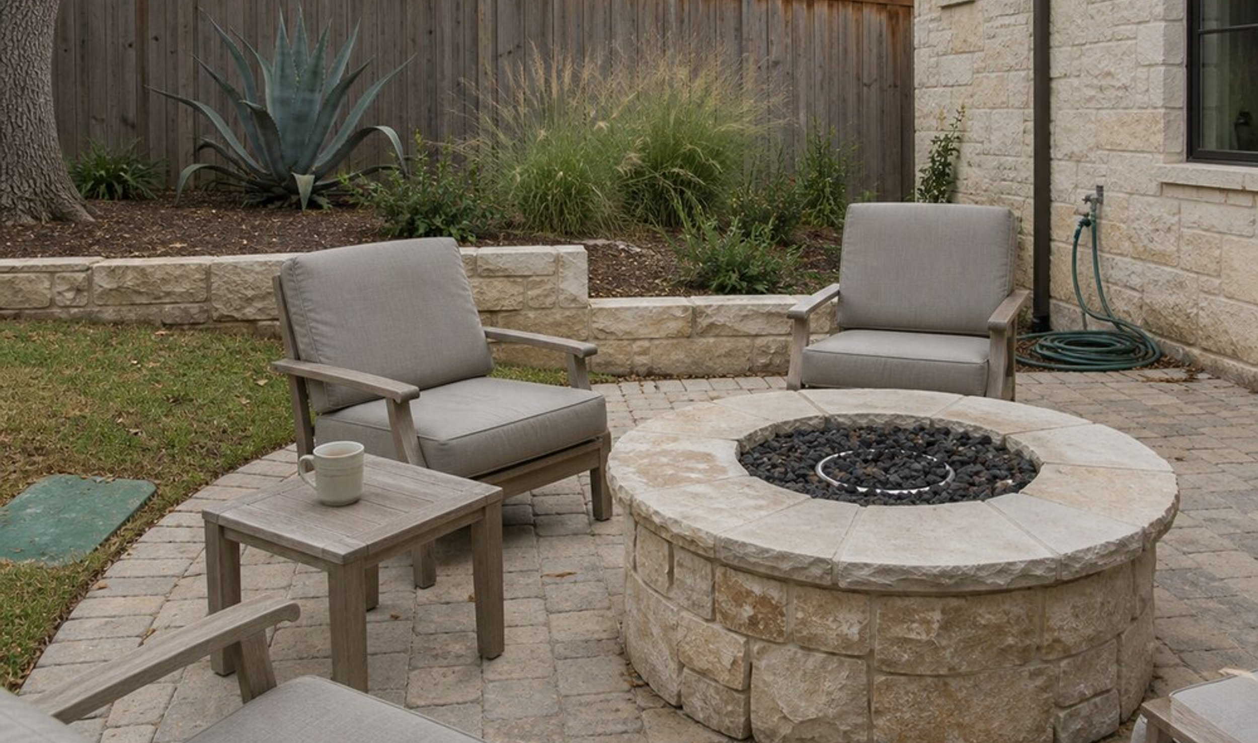 stone fire pit on an Austin patio