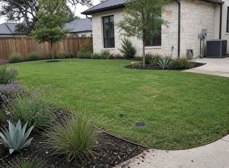 finished front yard with lawn and native beds