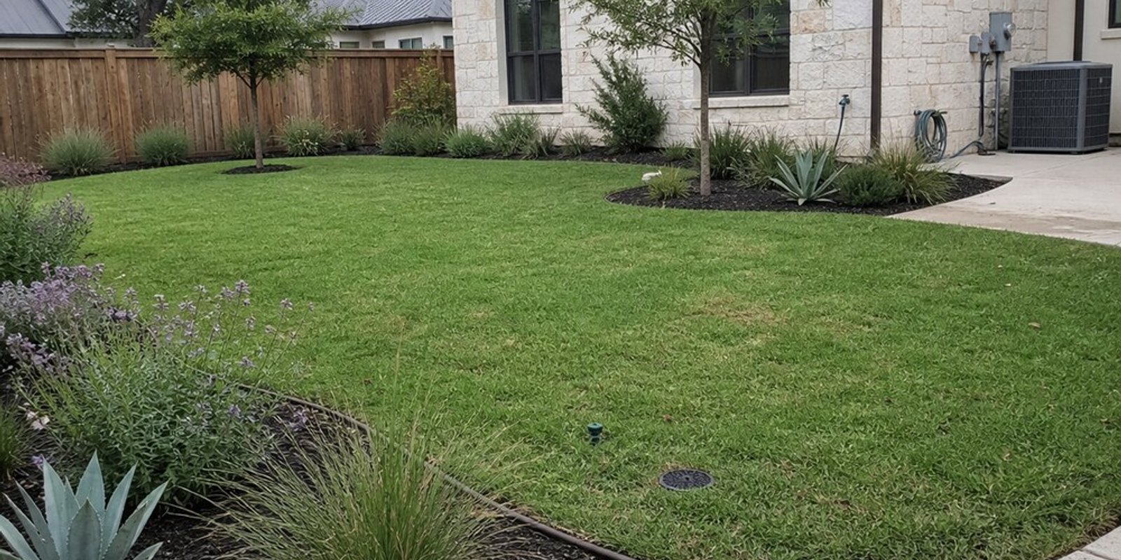 Green lawn with a round drain grate set in the grass, beside native planting beds and a curved concrete walk next to a limestone home.