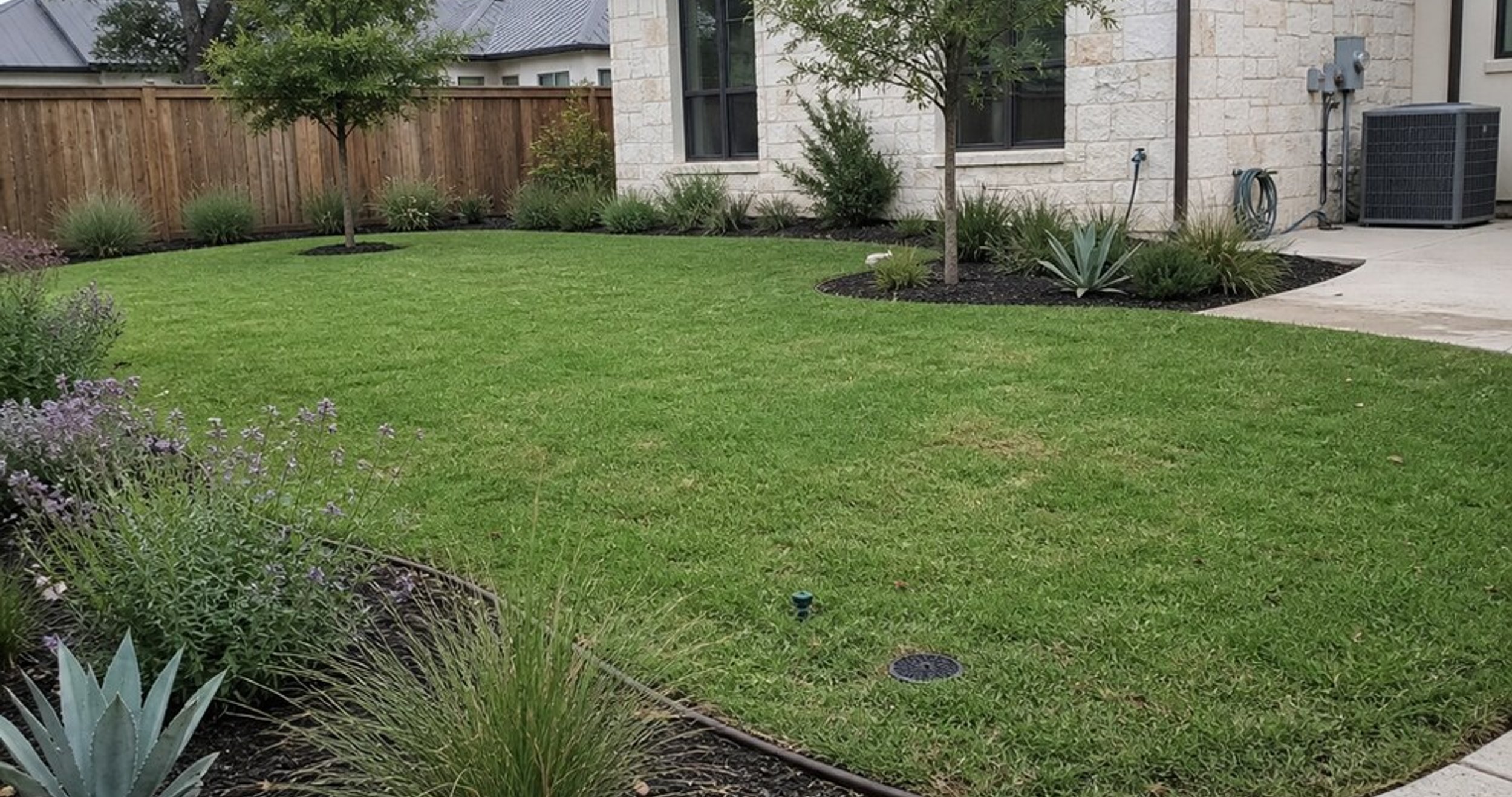 finished front yard with a green lawn, planting beds, and shrubs