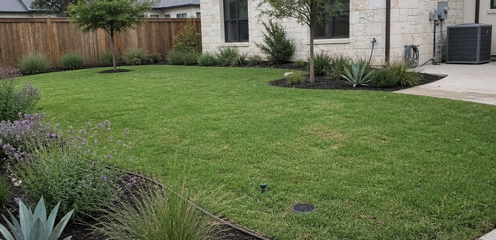 Green lawn with a round drain grate set in the grass, beside native planting beds and a curved concrete walk next to a limestone home.