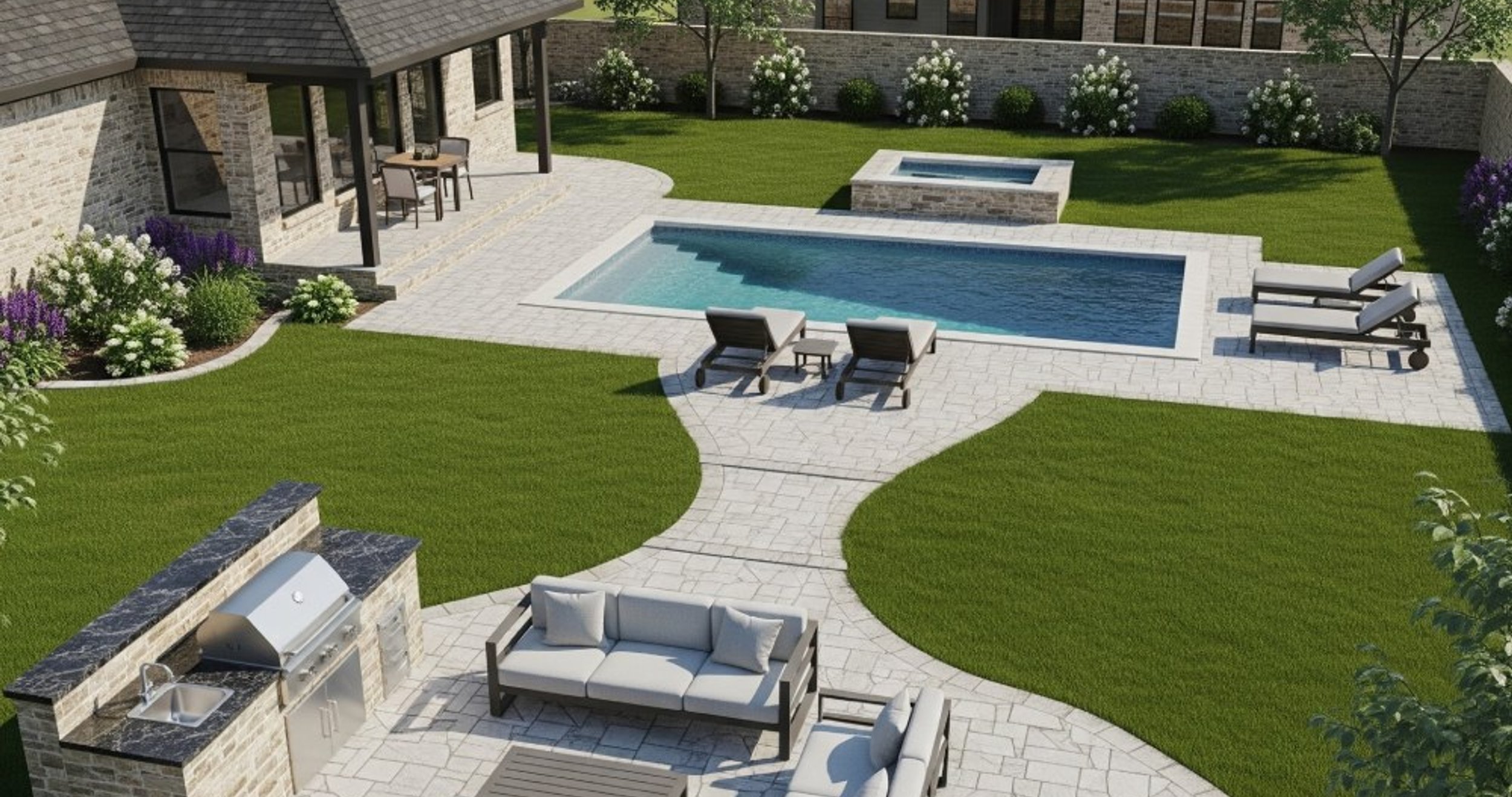 3D rendering of a planned Austin backyard landscape