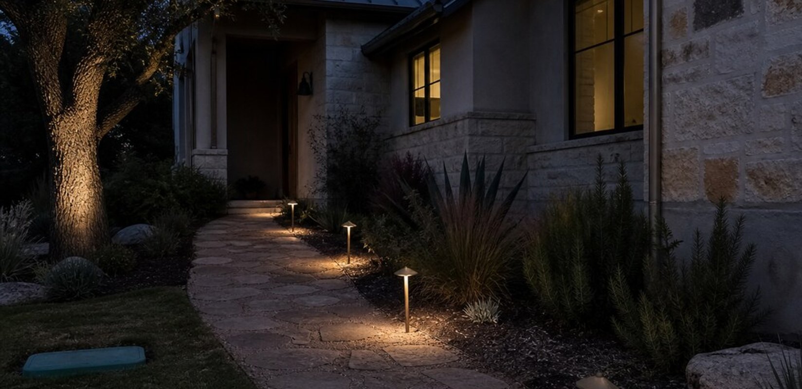Low path lights along a flagstone walkway and an uplit oak tree beside a limestone home at dusk.