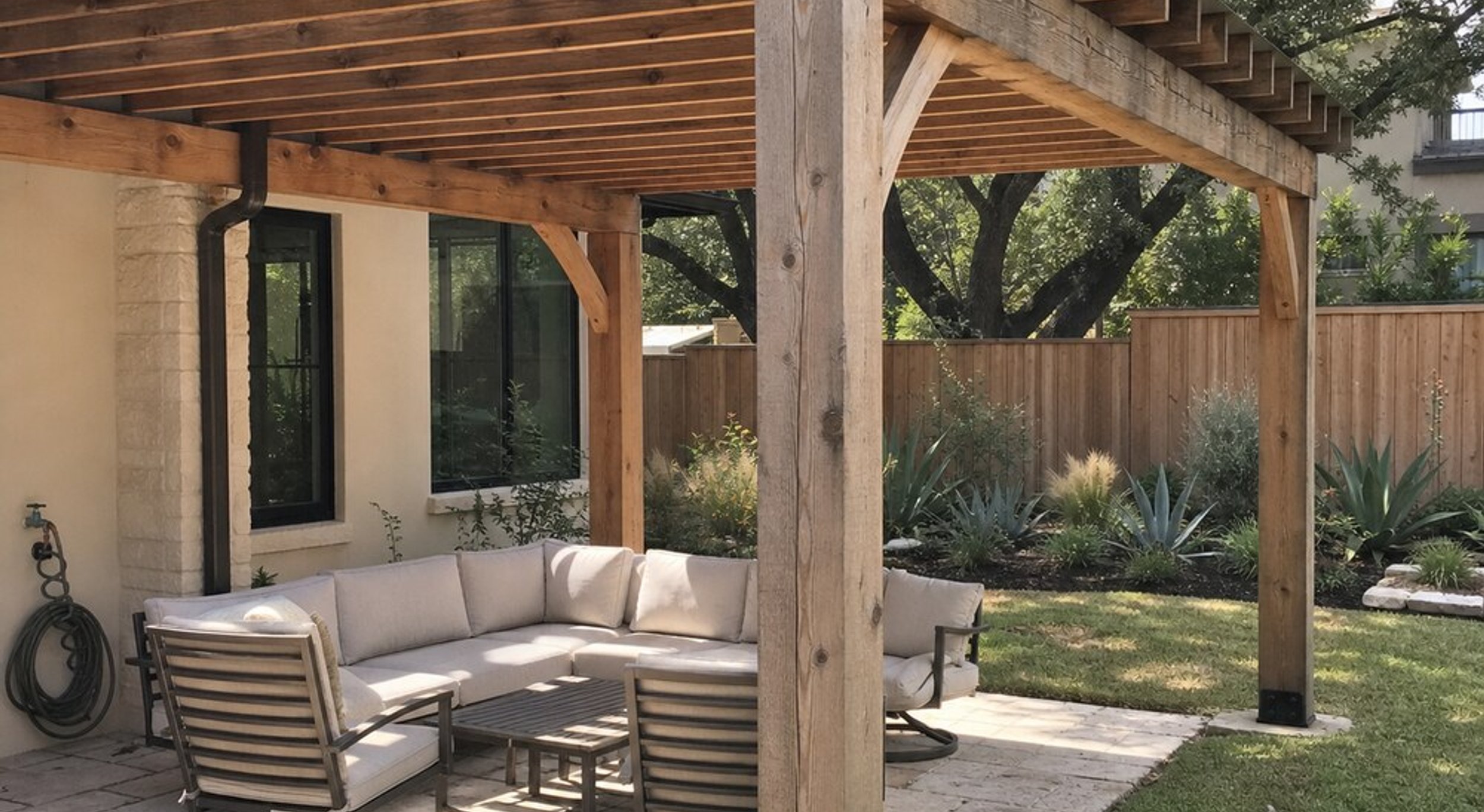 Custom cedar wood pergola over an Austin backyard patio