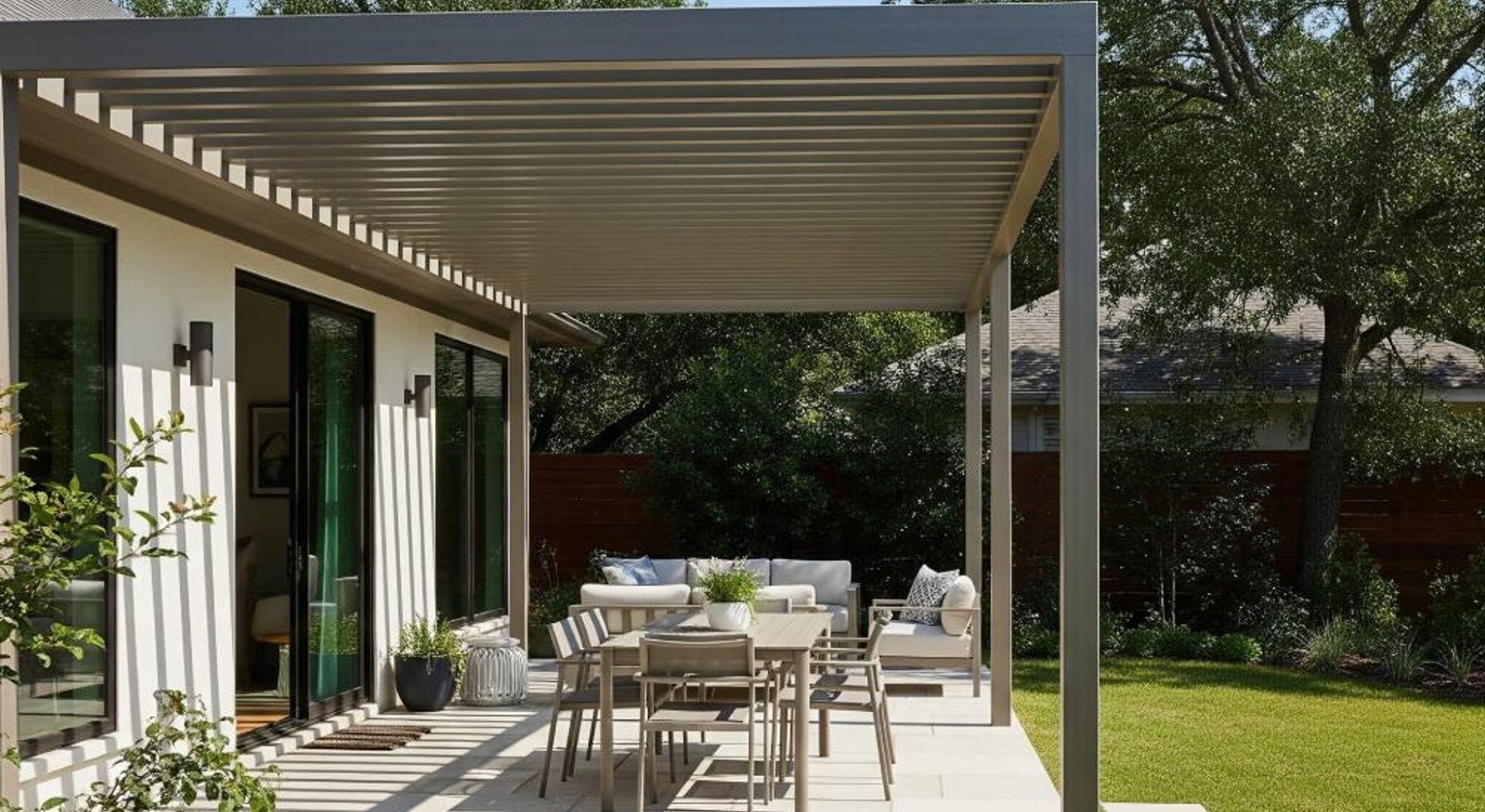 Modern aluminum metal pergola over an Austin patio