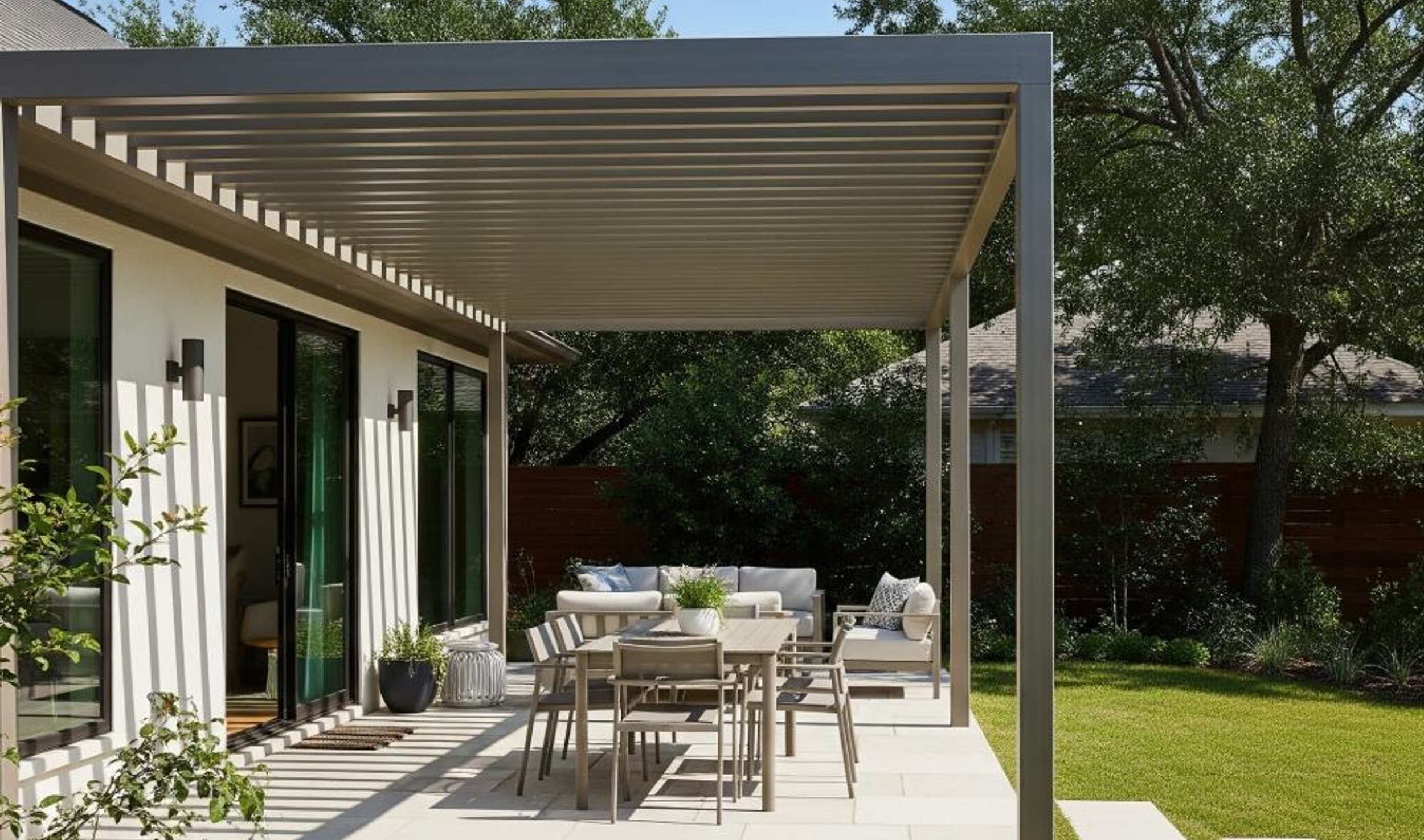custom steel pergola over an Austin patio