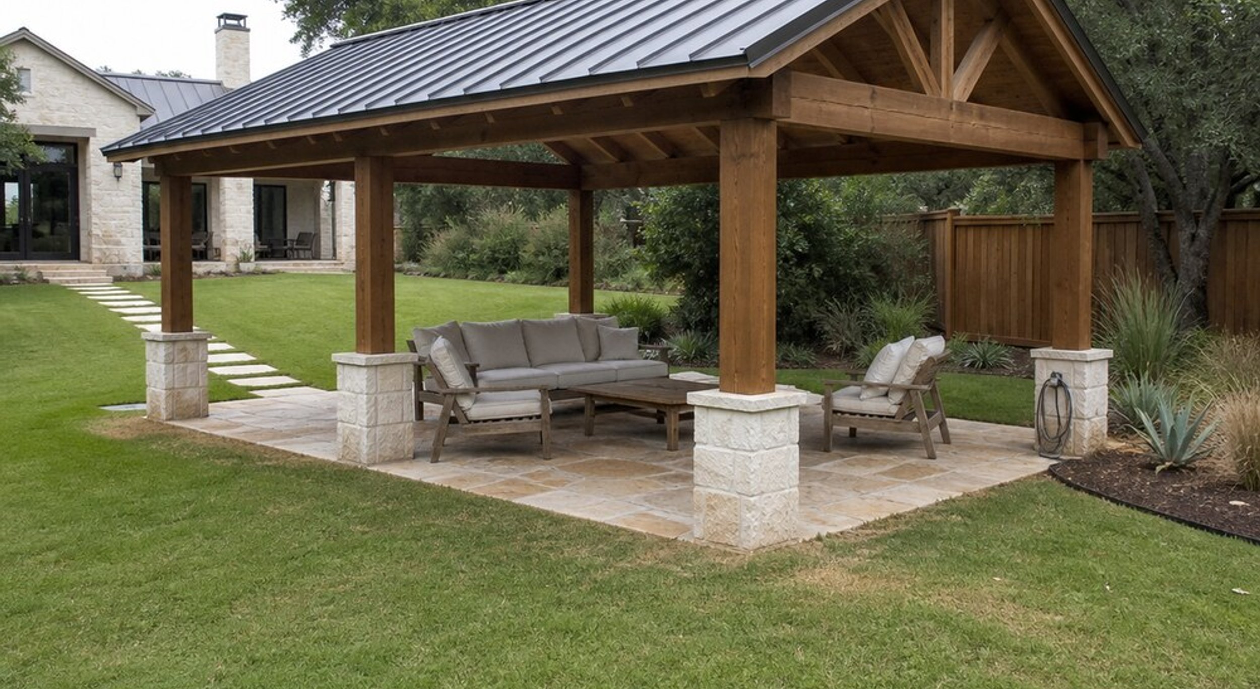 Freestanding patio cover and cabana in an Austin backyard