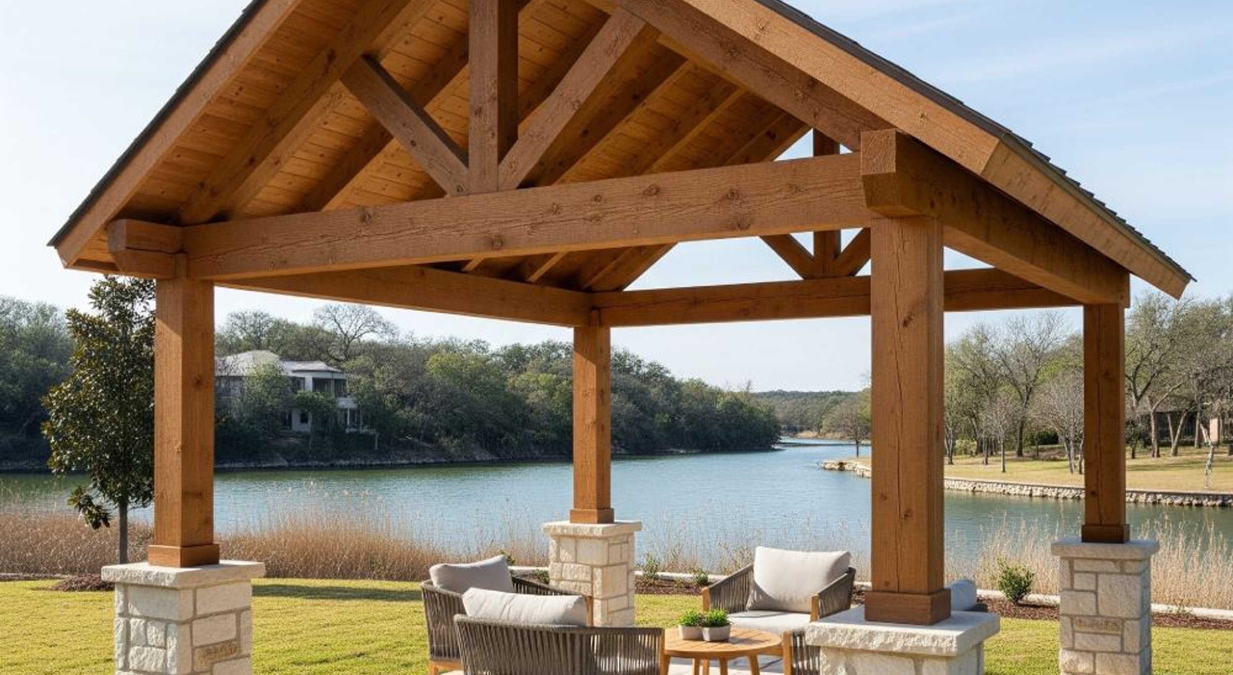 Freestanding patio cover and cabana in an Austin backyard