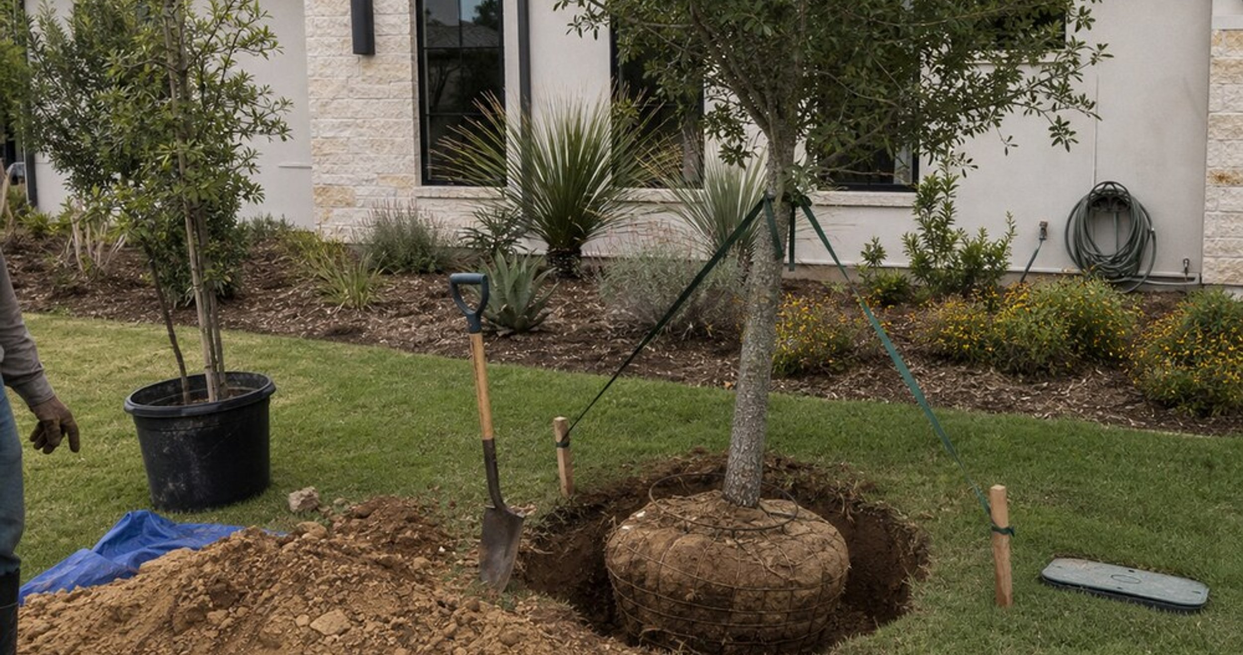 new shade tree staked in a front lawn beside native plant beds