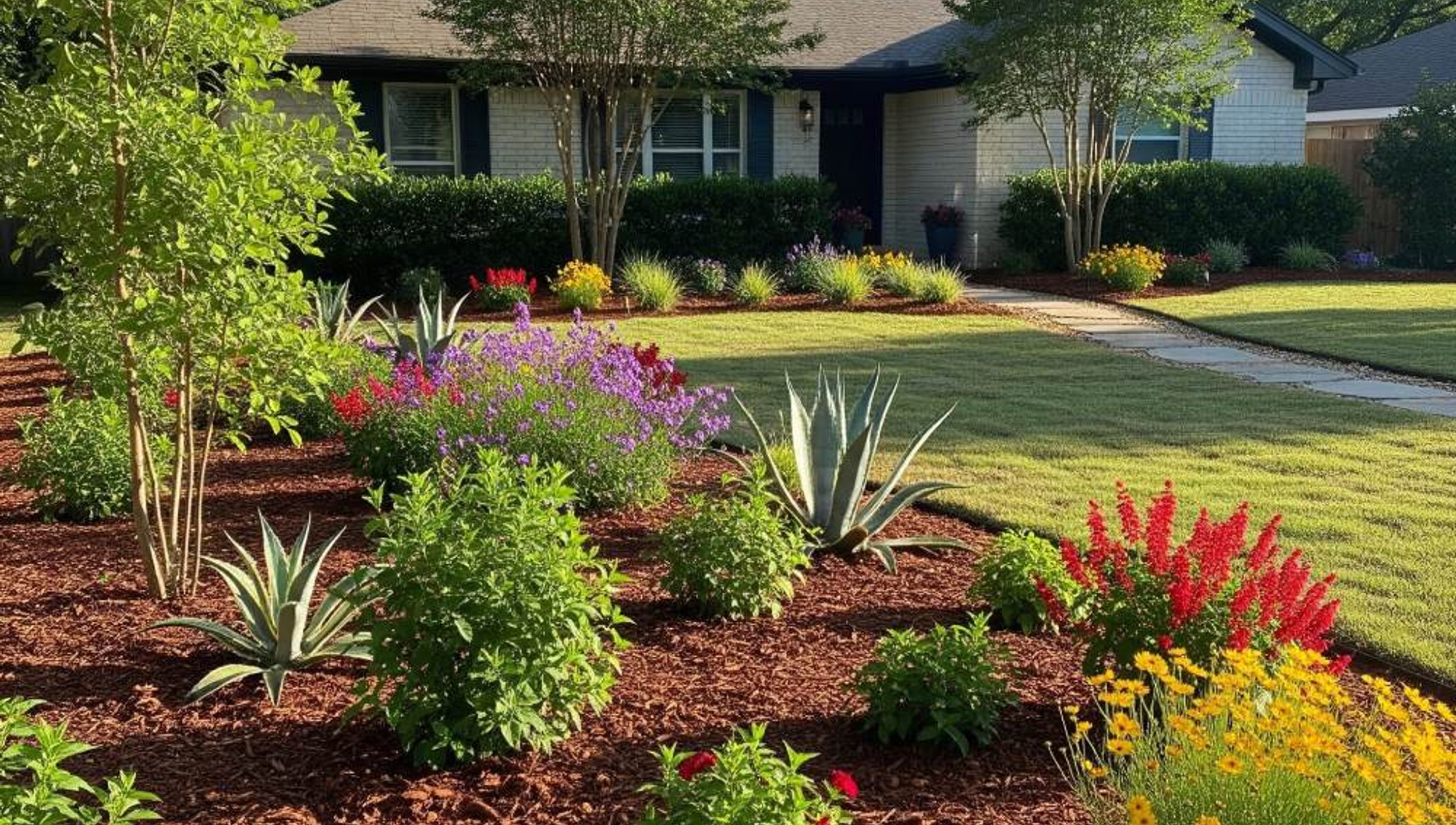 colorful refreshed garden bed in an Austin yard