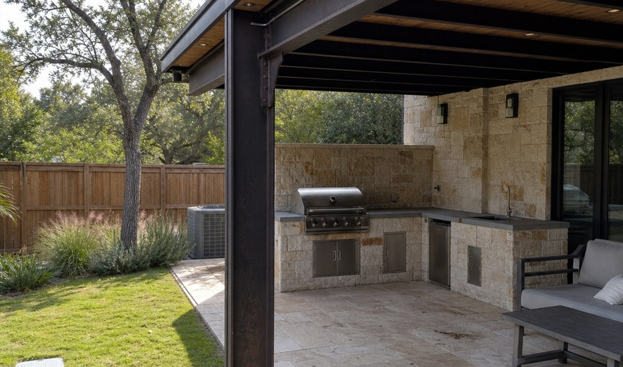 steel-framed outdoor kitchen at an Austin home