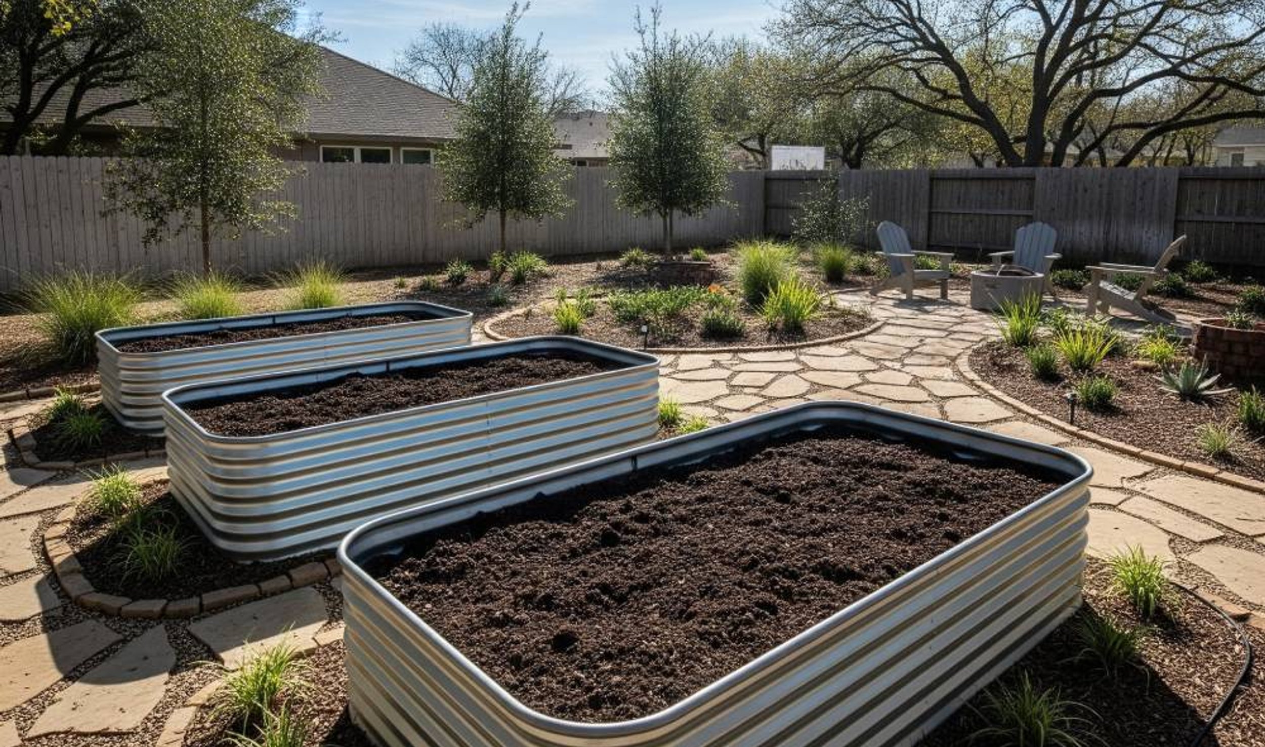 custom Corten steel raised garden beds in an Austin yard